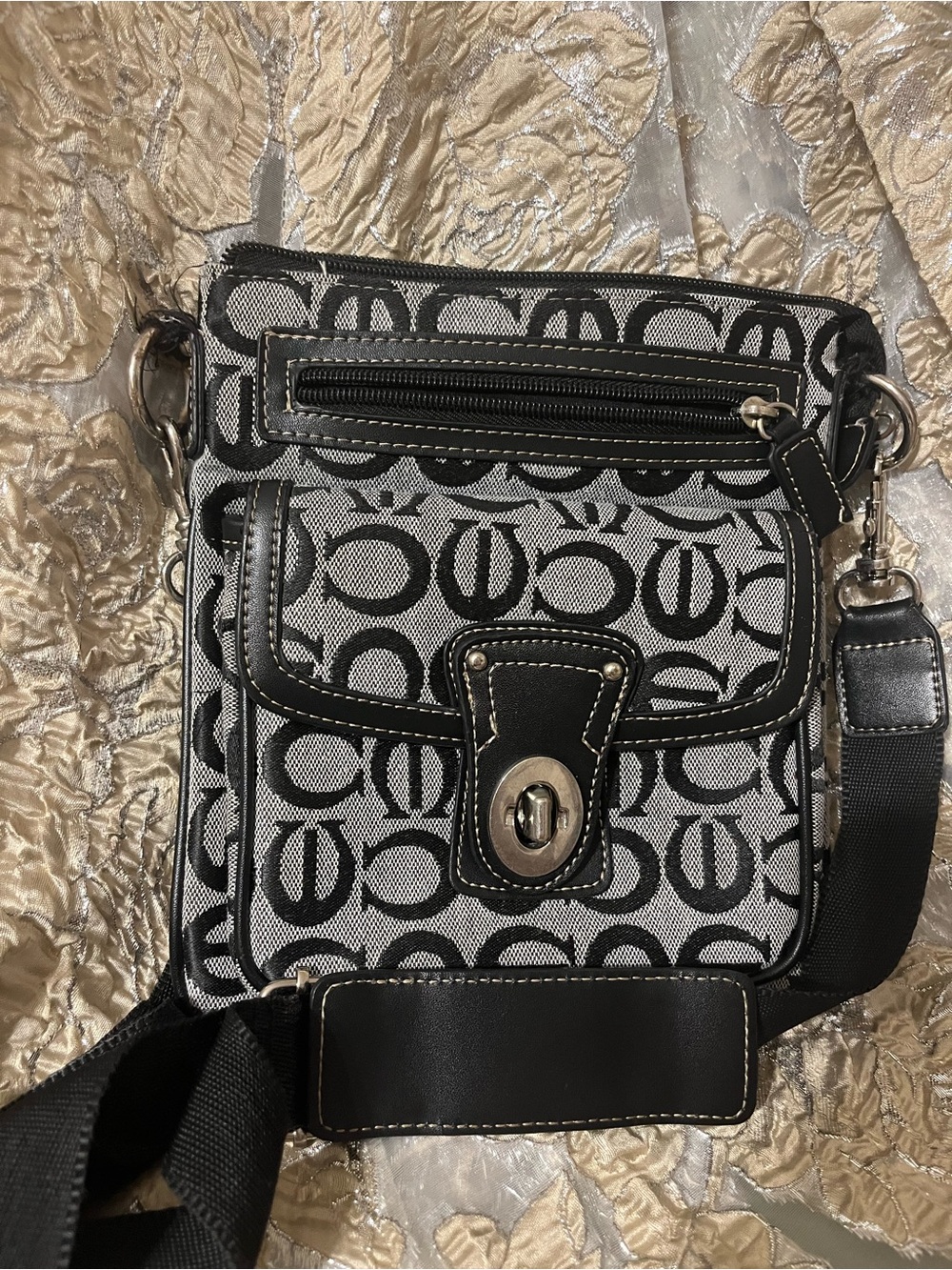 Black and White Signature-Print Crossbody Bag